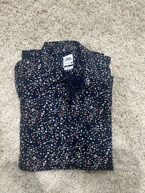 ZARA Navy Button-Down Shirt with Multicolor Floral Print
